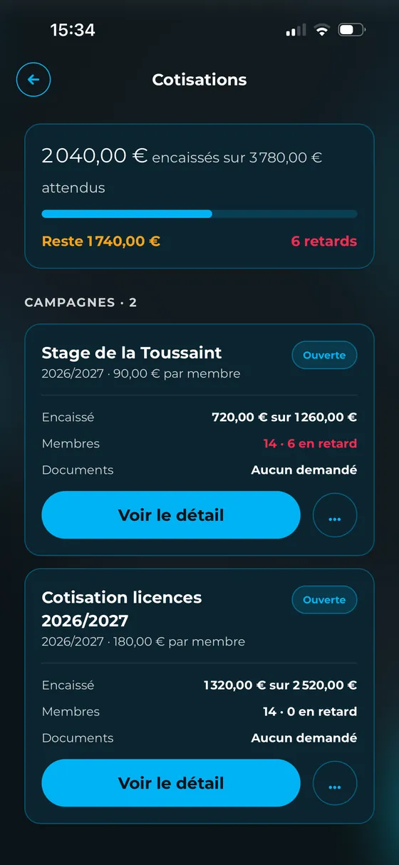 Le tableau des cotisations : encaissé, attendu, reste et retards, campagne par campagne